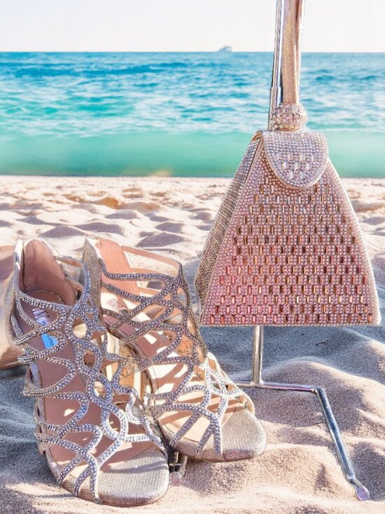 INC International Concepts Shoes - 2 items = Women's Champagne Crystal Strappy Gold High Heel Sandals 7.5 and Bag